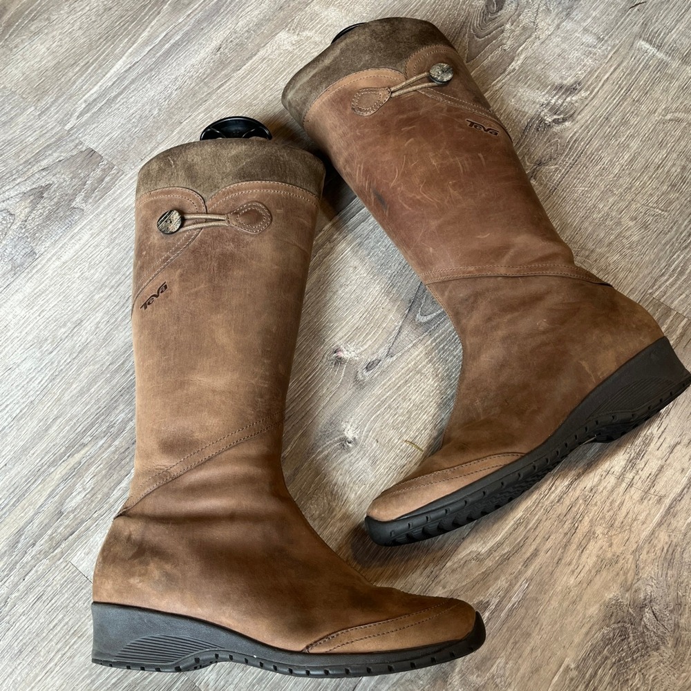 Teva Jade Cove Brown Waterproof Leather Tall Wedge Riding Boots Side Zip Sz 8.5